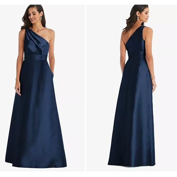 ALFRED SUNG Dresses & Skirts - NWT Alfred Sung Draped One Shoulder Satin Maxi Dress Formal Midnight Navy Size 2